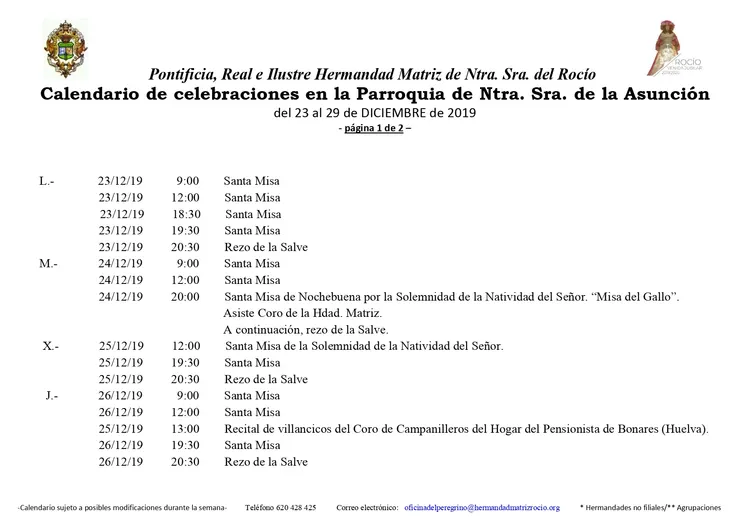 Calendario de Celebraciones en la Parroquia de la Asuncion del 23 al 29 de diciembre de 2019-1