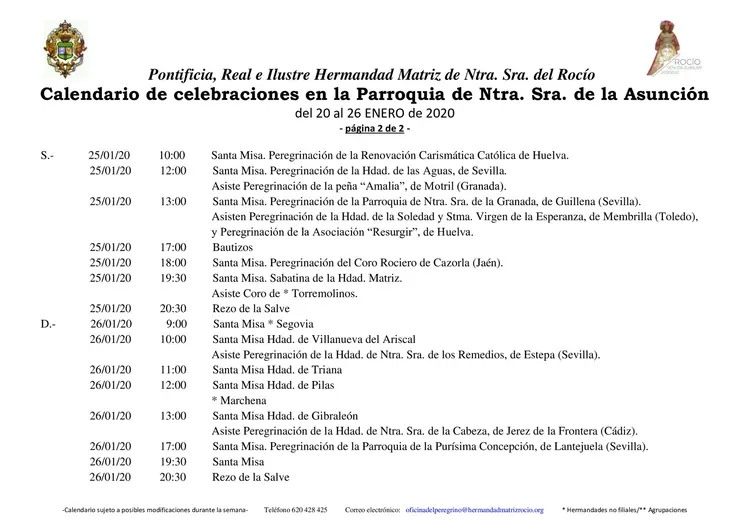 Calendario de Celebraciones en la Parroquia de la Asuncion del 20 al 26 de enero de 2020-2