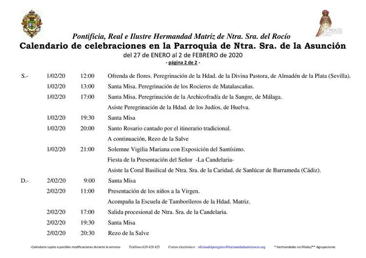Calendario de Celebraciones en la Parroquia de la Asuncion del 27 enero al 2 de febrero 2020-2