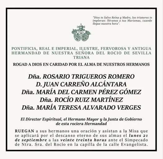 Recordatorio oficial de la Hermandad de Nuestra Señora del Rocío de Sevilla-Triana con nombres de hermanos difuntos y convocatoria a misa de réquiem