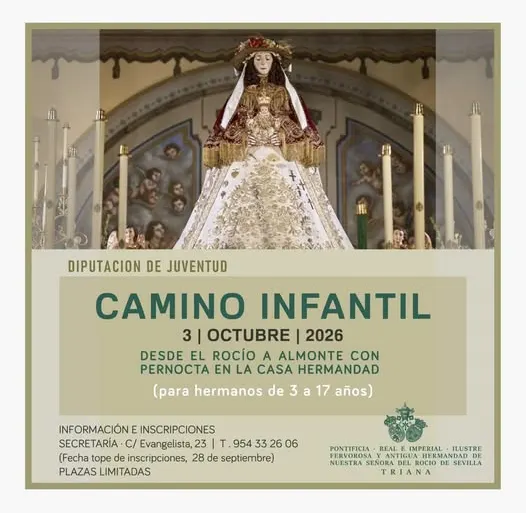 Cartel con imagen de la Virgen del Rocío y texto informativo sobre el Camino Infantil 2026 para hermanos de 3 a 17 años con fecha y datos de inscripción