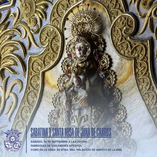 Imagen de la Virgen del Rocío con vestimenta bordada en dorado y detalles florales, enmarcada por un fondo ornamental dorado