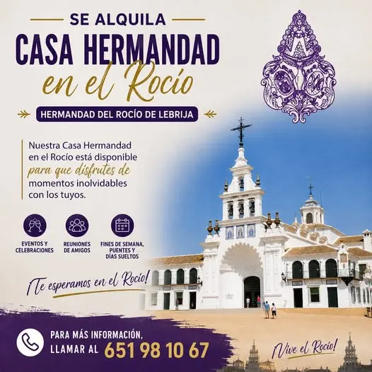 Cartel que anuncia el alquiler de la Casa Hermandad en El Rocío con información de contacto y fotografía del Santuario del Rocío al fondo