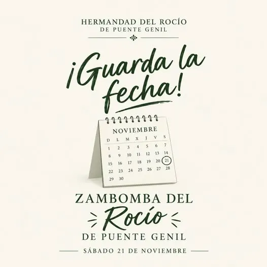 Calendario de mesa que destaca el 21 de noviembre con un círculo y texto que anuncia la Zambomba del Rocío de Puente Genil para ese día