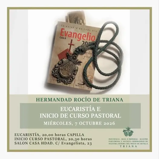 Libro del Evangelio con medalla y cordón de la Hermandad del Rocío de Triana sobre fondo claro anunciando eucaristía e inicio de curso pastoral 2026