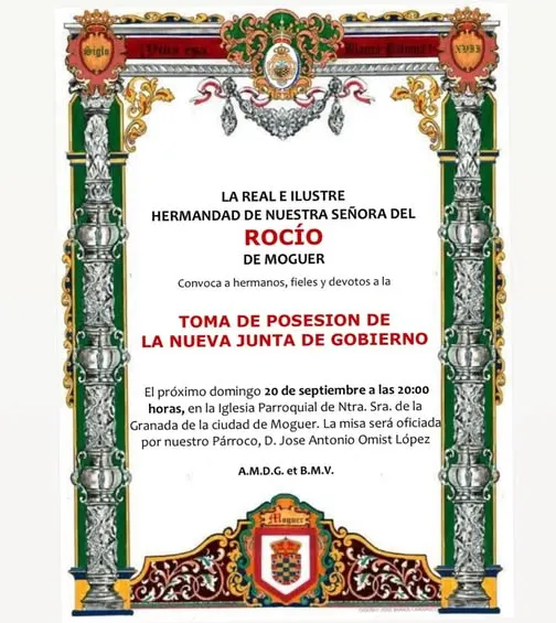 Cartel con marco decorativo que anuncia la toma de posesión de la nueva Junta de Gobierno de la Hermandad de Nuestra Señora del Rocío de Moguer el 20 de septiembre a las 20:00 horas en la iglesia parroquial de Moguer
