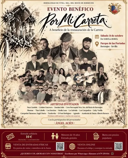 Cartel con fotos de los artistas invitados y detalles del evento benéfico Por Mi Carreta organizado por la Hermandad del Rocío de Bormujos en el Parque de las Portadas