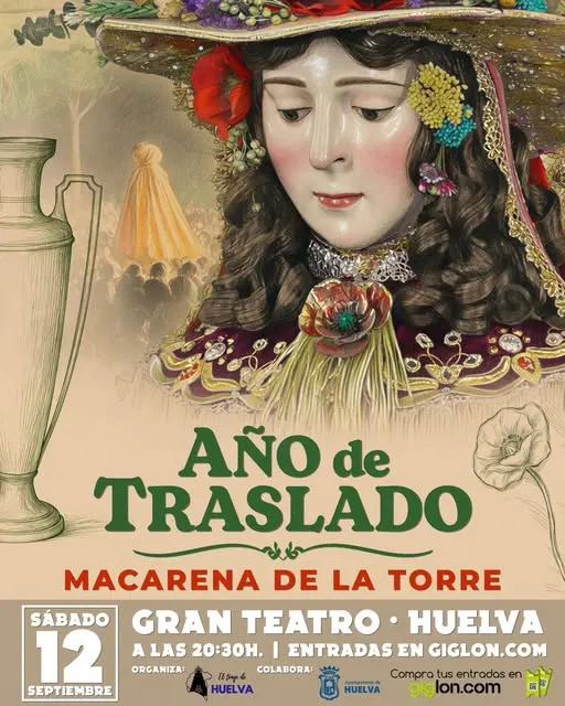 Retrato artístico de una mujer con sombrero adornado con flores y vestido tradicional con detalles florales, sobre fondo con figuras y texto promocional del evento Año de Traslado en Huelva