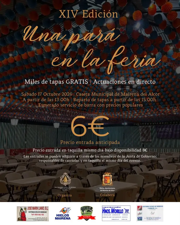 Cartel con información sobre la XIV edición de Una Pará Rociera en la Feria de Mairena con detalles de fecha, lugar, precio y patrocinadores sobre fondo de caseta decorada con farolillos y mesas