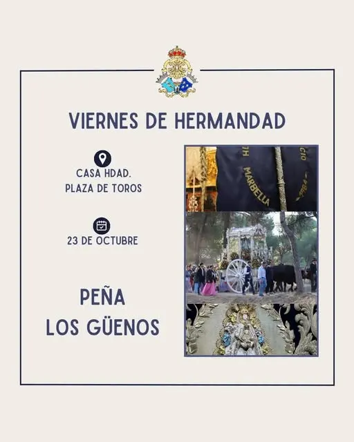 Cartel con el escudo de la Hermandad, texto informativo del evento Viernes de Hermandad el 23 de octubre en la casa de Hermandad y tres imágenes pequeñas relacionadas con la tradición rociera