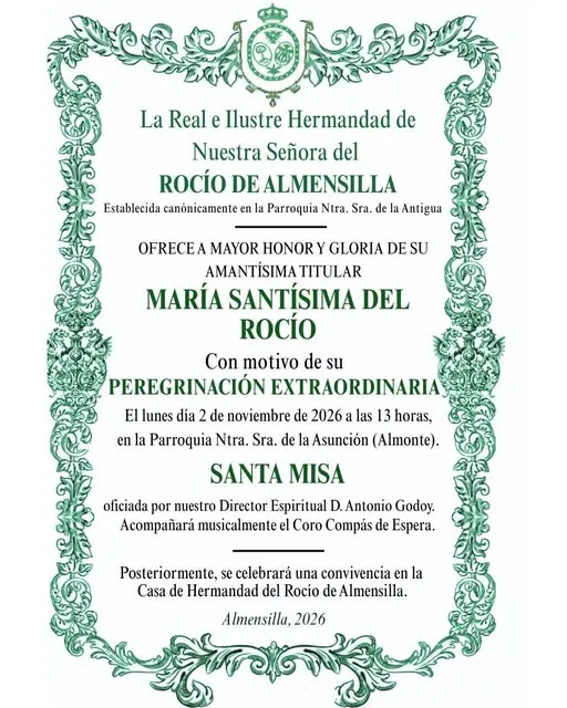 Invitación con marco decorativo verde que anuncia la misa y convivencia por la peregrinación extraordinaria de la Hermandad del Rocío de Almensilla en Almonte 2026