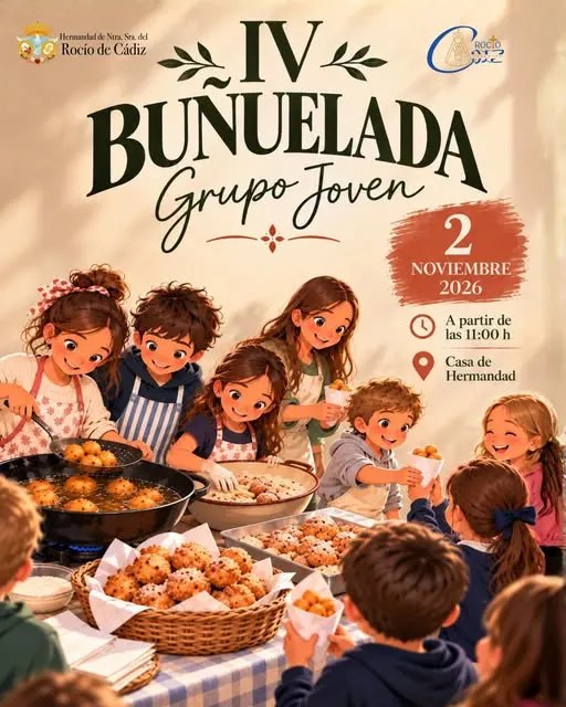 Niños y niñas sonrientes preparando y sirviendo buñuelos en una mesa con canastas llenas de buñuelos y una sartén con aceite hirviendo en un ambiente cálido y festivo
