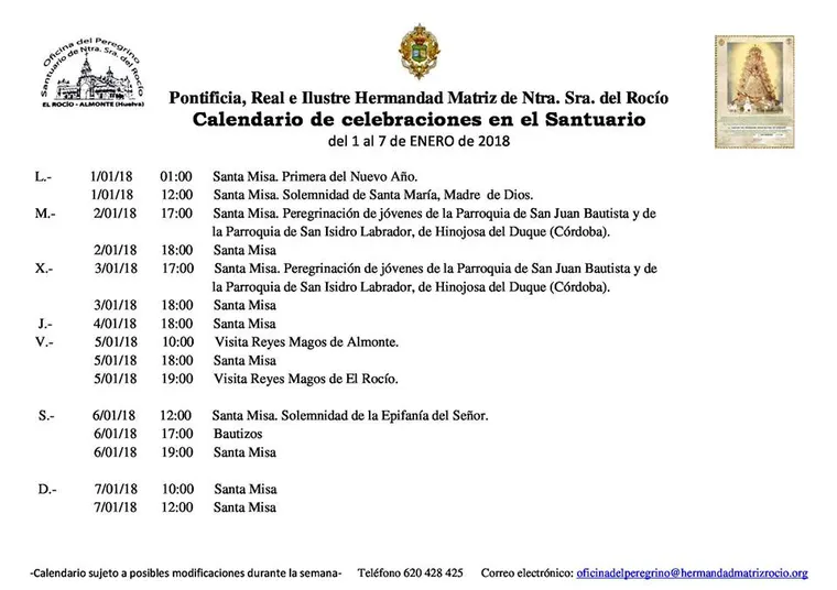 Calendario-de-Celebraciones-en-el-Santuario-del-Rocio-del-1-al-7-de-enero-de-2018