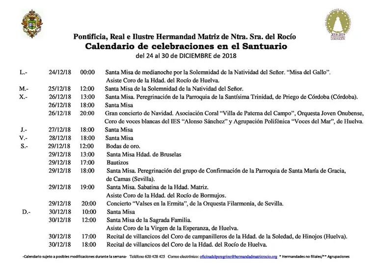 Calendario de Celebraciones en el Santuario del Rocio del 24 al 30 de diciembre de 2018