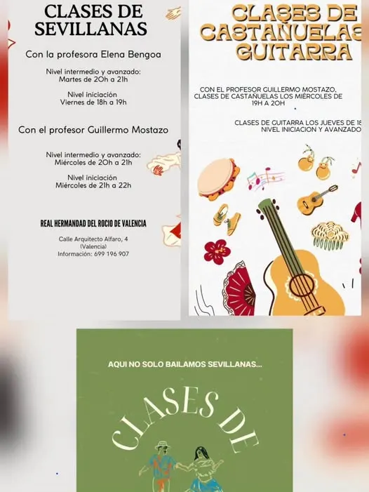 Carteles con información sobre clases de sevillanas, castañuelas y guitarra en la Hermandad del Rocío de Valencia con horarios y profesores detallados