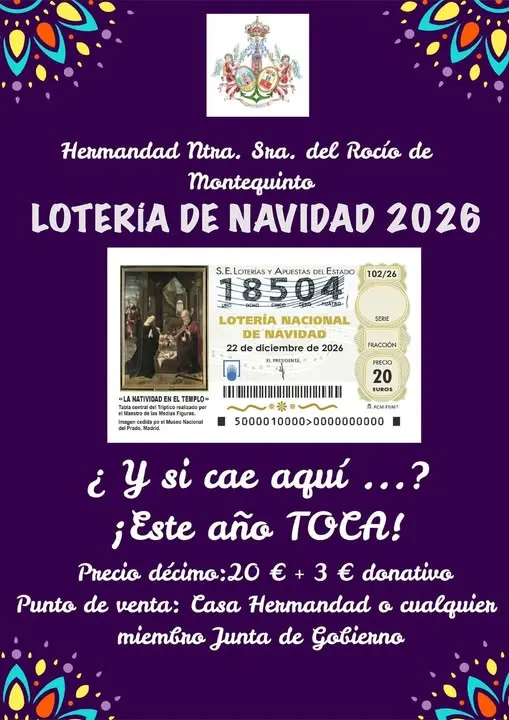 Cartel con el número 18504 para la Lotería de Navidad 2026 de la Hermandad de Montequinto con detalles de precio y puntos de venta sobre fondo morado y motivos decorativos coloridos