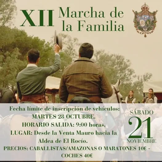 Dos personas a caballo de espaldas saludan con sombrero en mano durante un evento ecuestre con texto informativo sobre la XII Marcha de la Familia el 21 de noviembre