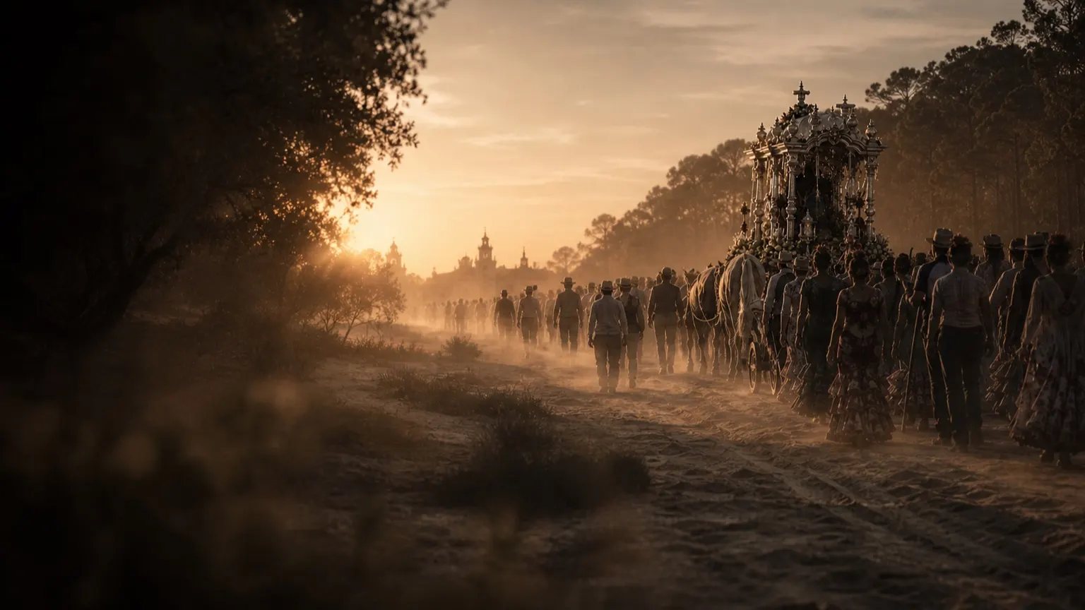Carreta y peregrinos caminando hacia El Rocío al amanecer