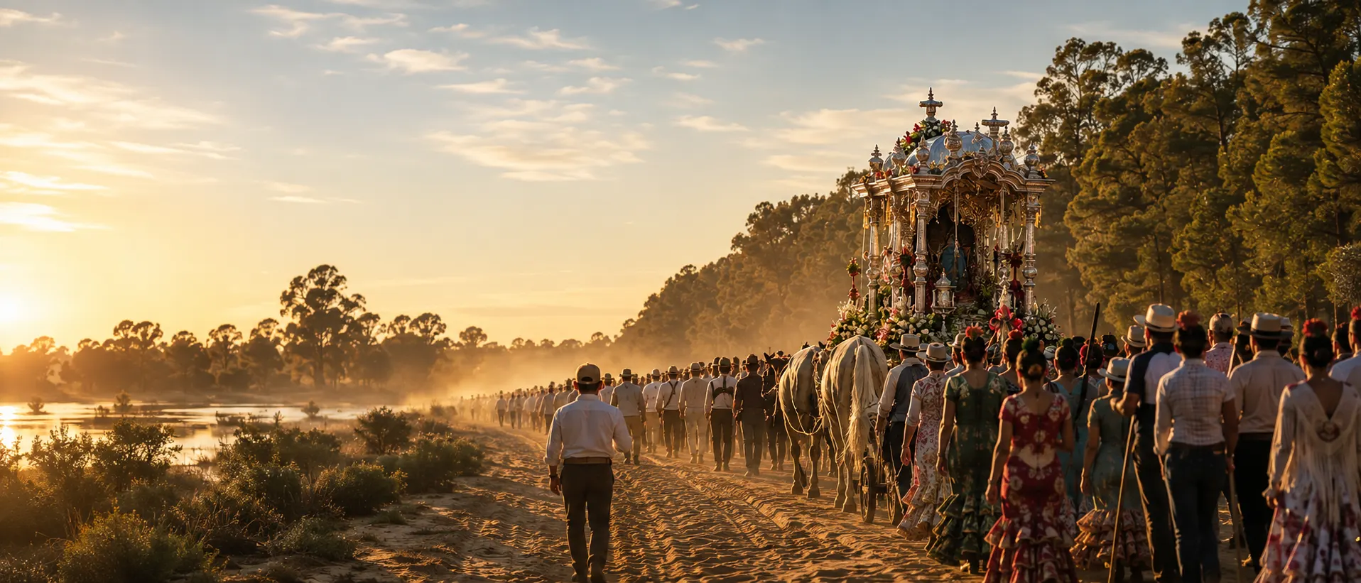 Carreta de simpecado y peregrinos recorriendo el camino al atardecer
