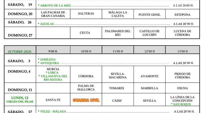 Documento oficial del calendario de peregrinaciones extraordinarias