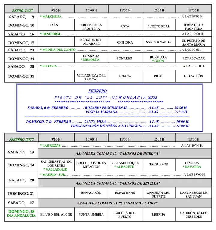 Calendario oficial: Enero · Febrero 2027