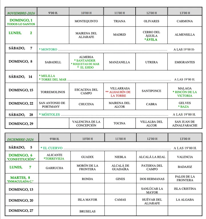 Calendario oficial: Noviembre · Diciembre 2026
