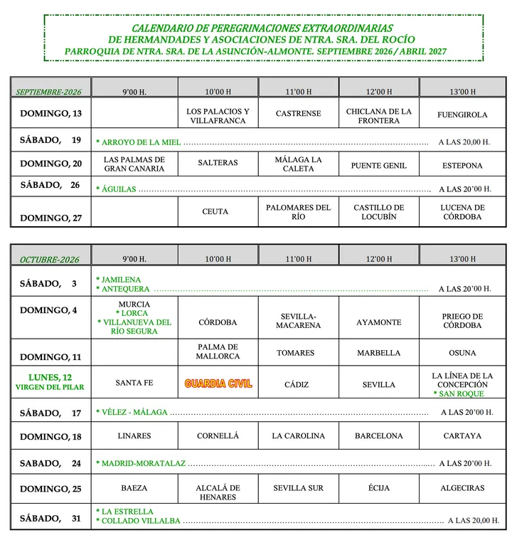 Calendario oficial: Septiembre · Octubre 2026