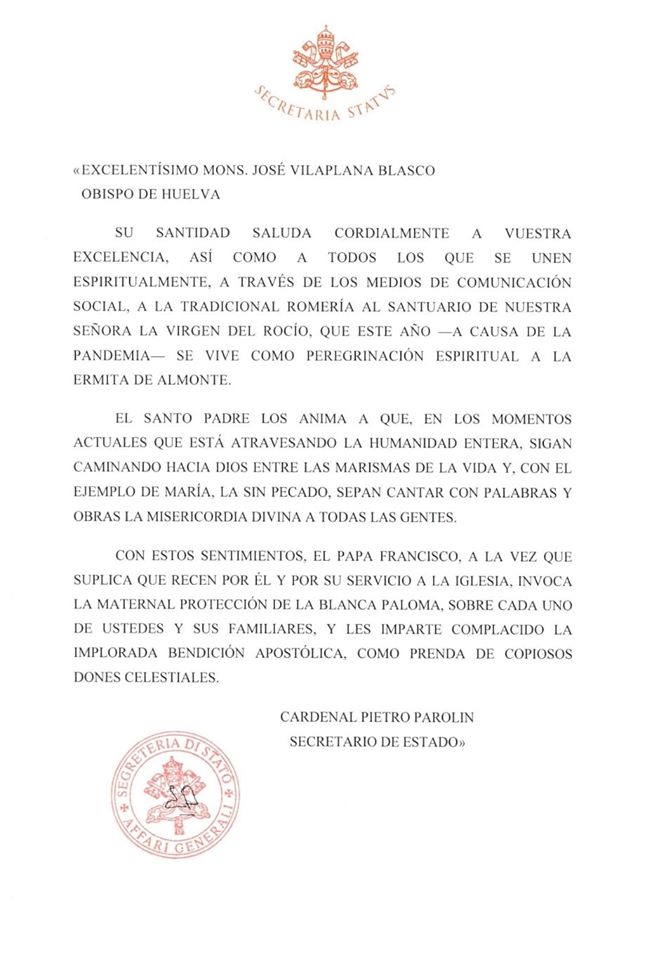 Mensaje papa rocio 2020
