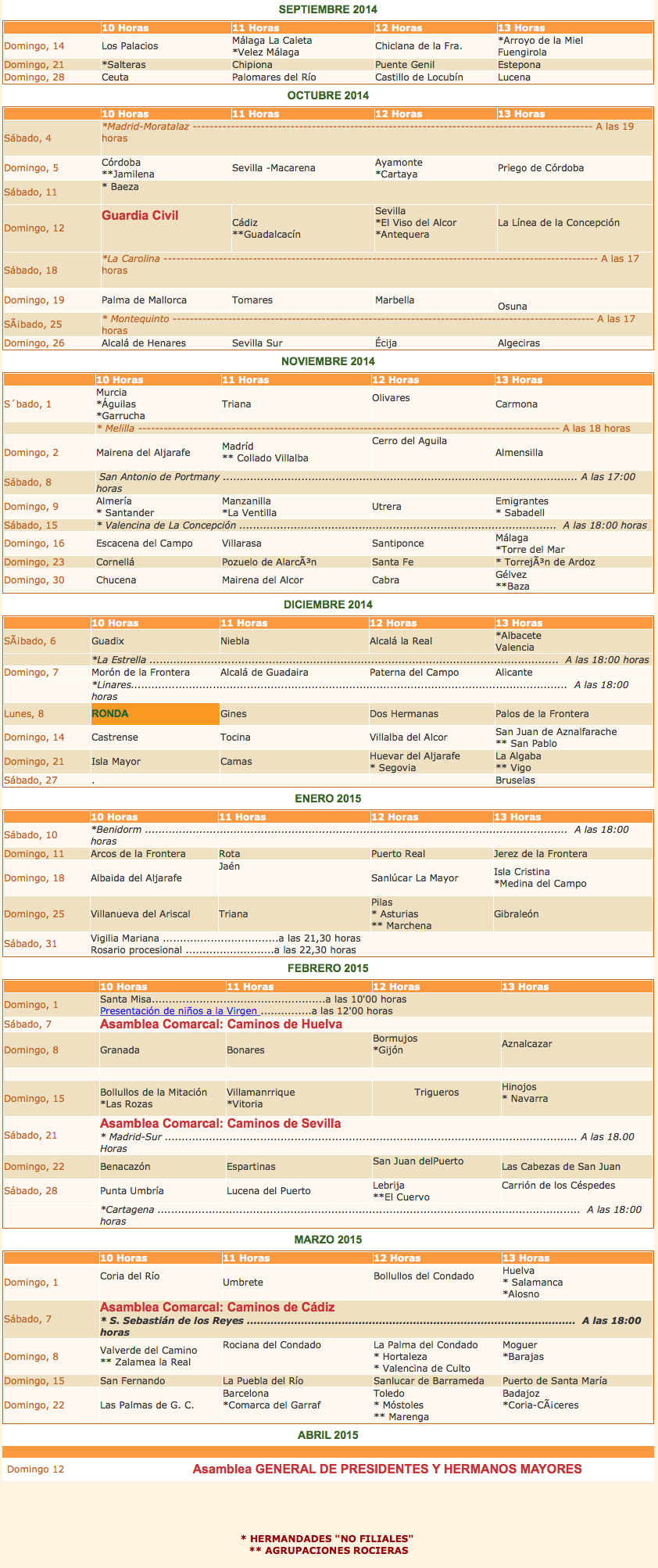 Calendario de Peregrinaciones Extraordinarias de Hermandades 2014/15