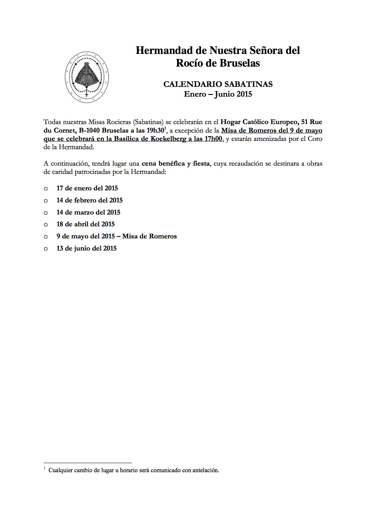 Calendario de Sabatinas -Enero-Junio 2015