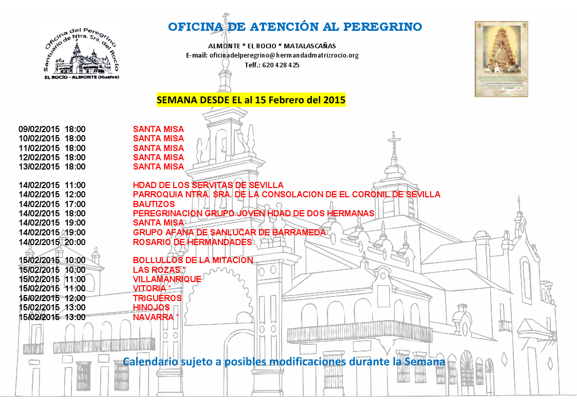 Calendario semanal de Peregrinaciones del 9 al 15 de febrero