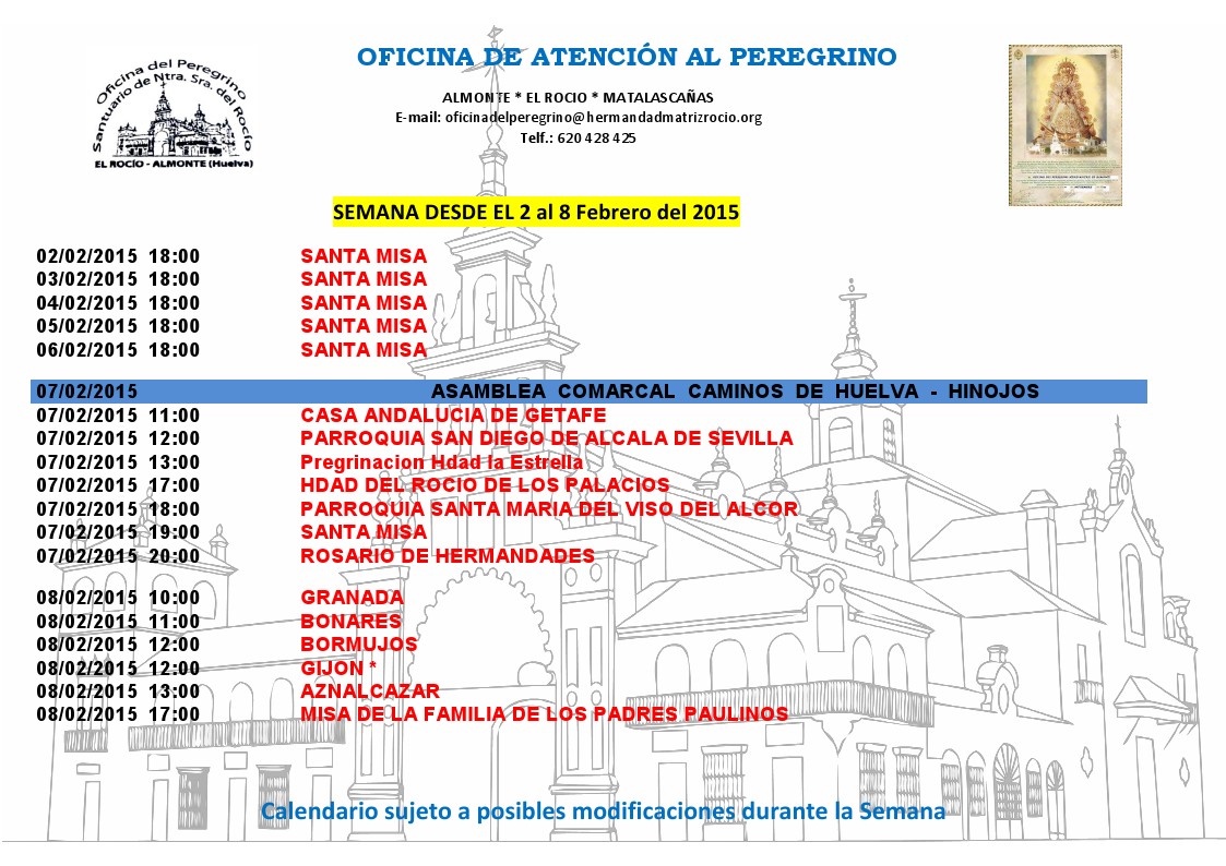 calendario peregrinaciones 2 al 8 febrero 2015