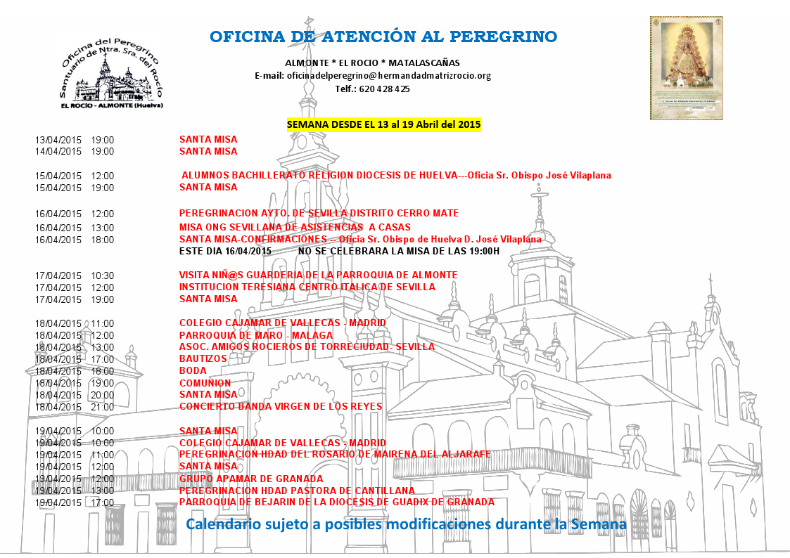 Calendario 13 a19 de abril 2015