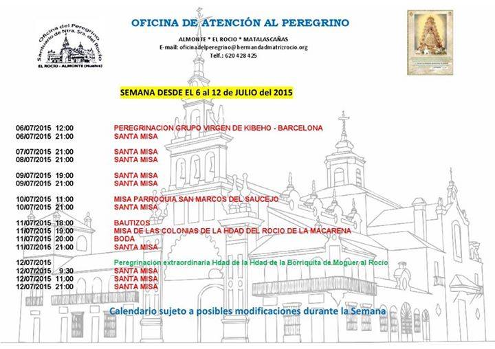 Calendario pergrinaciones 6 al 12 de julio 2015
