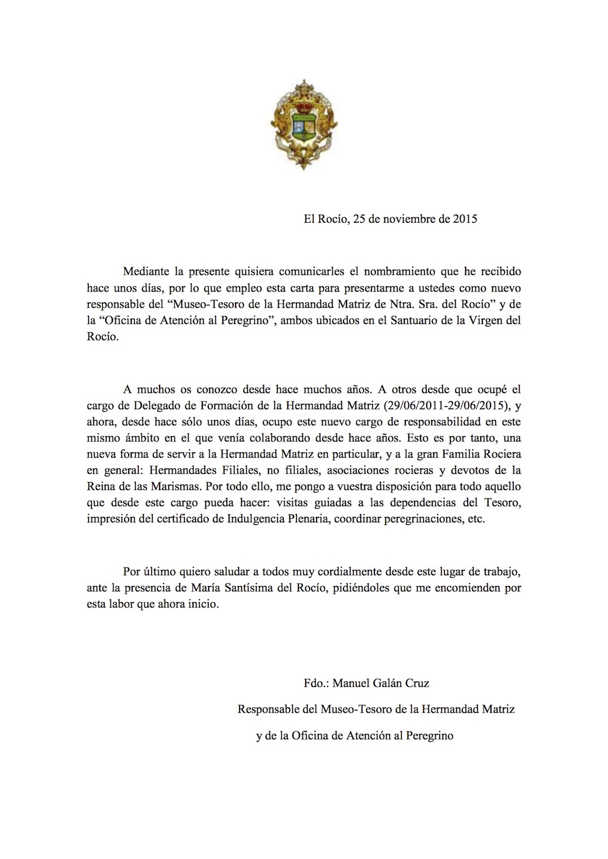Carta de presentación nuevo responsable oficina peregrino