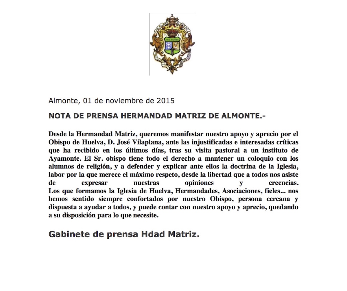nota de apoyo a nuestro obispo