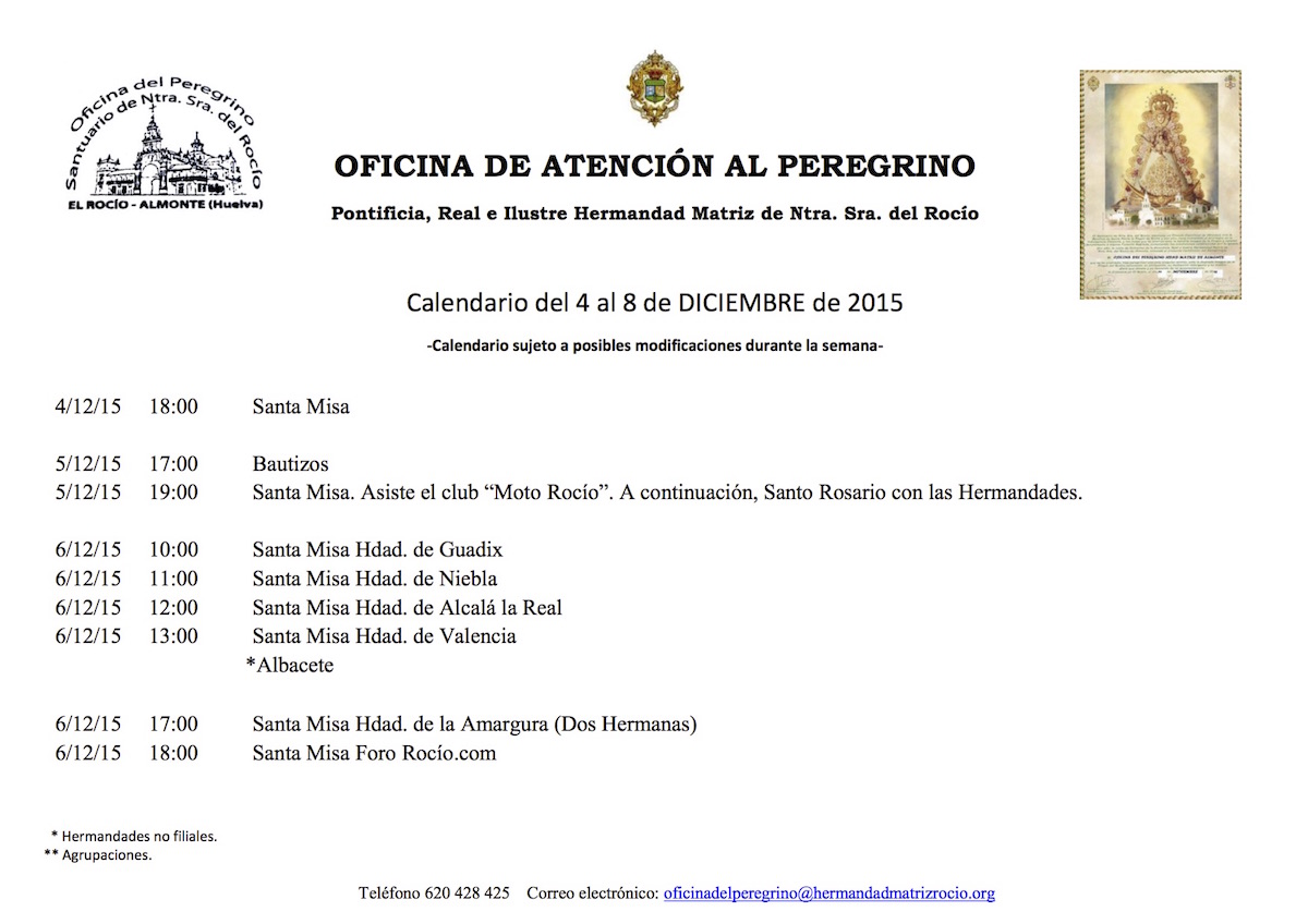 CALENDARIO EXTRAORDINARIO DEl 4 AL 8 DICIEMBRE 2015