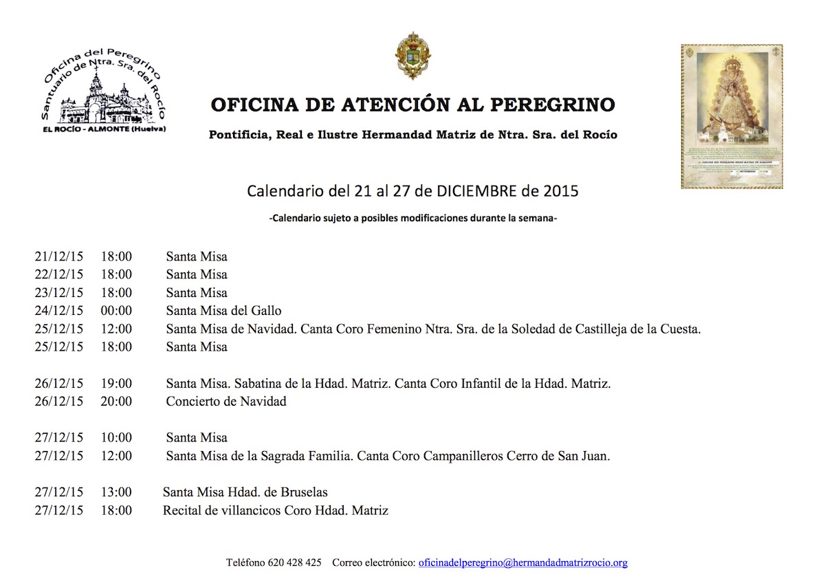 CALENDARIO SEMANAL DEl 21 AL 27 DICIEMBRE 2015