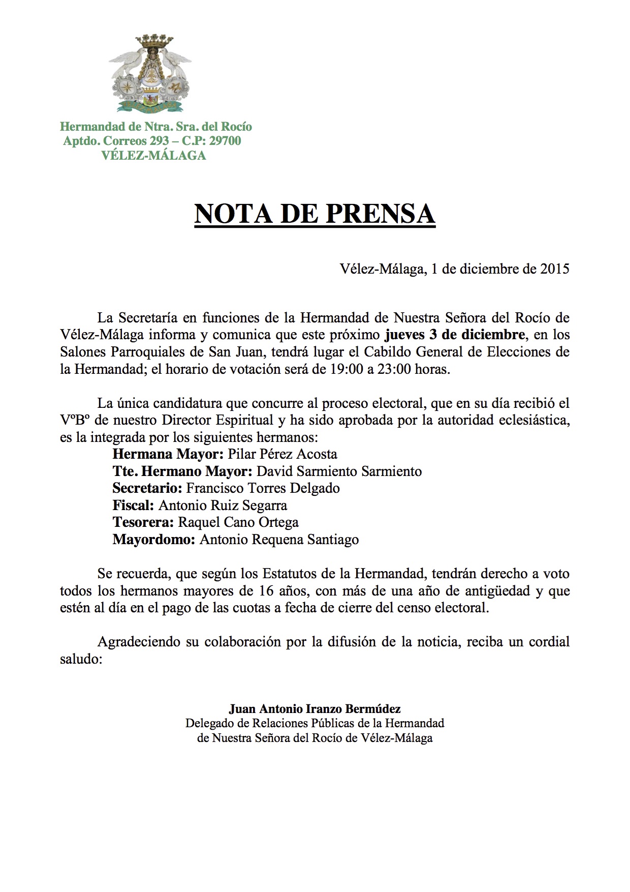 Velez Malaga Cabildo de Elecciones 2015