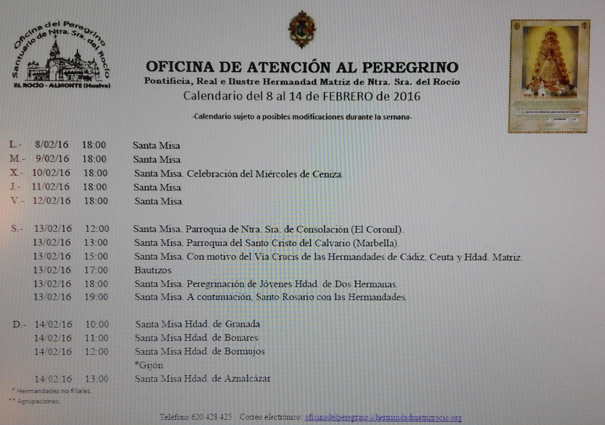 Calendario 8 a 14 de febrero de 2016
