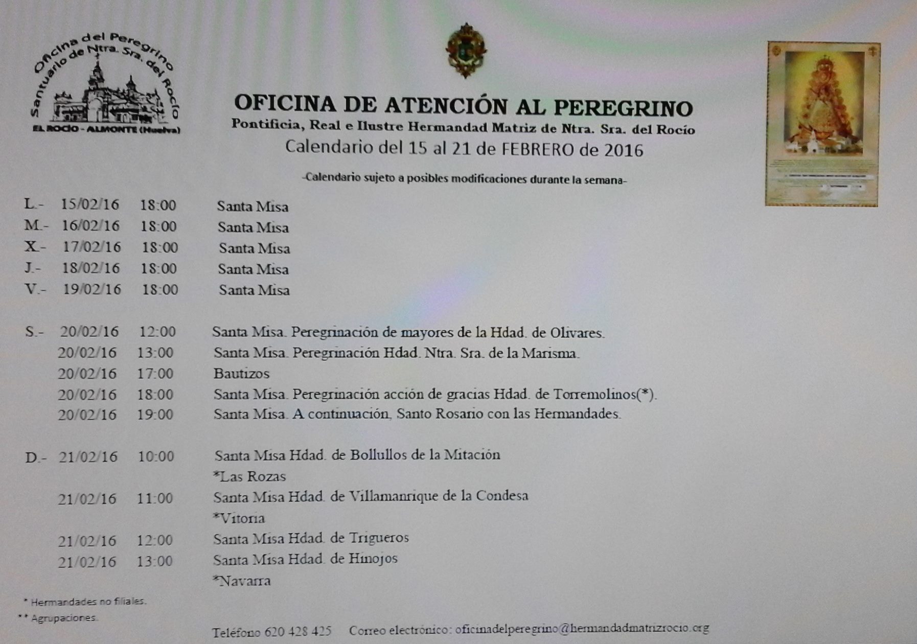Calendario del 15 al 21 de febrero 2016