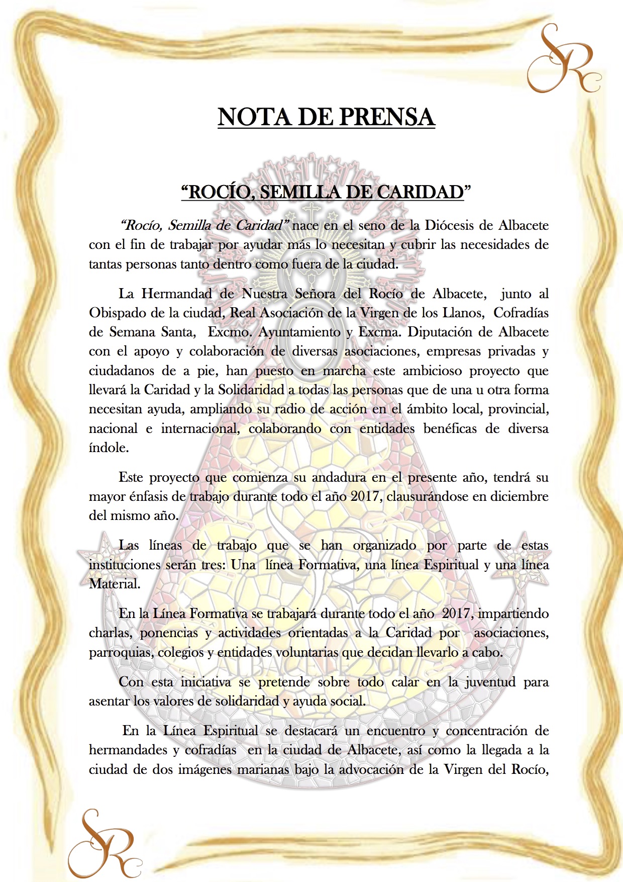 NOTA DE PRENSA Rocio. Semilla de Caridad