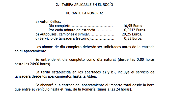 tarifa parking 2016 rocio