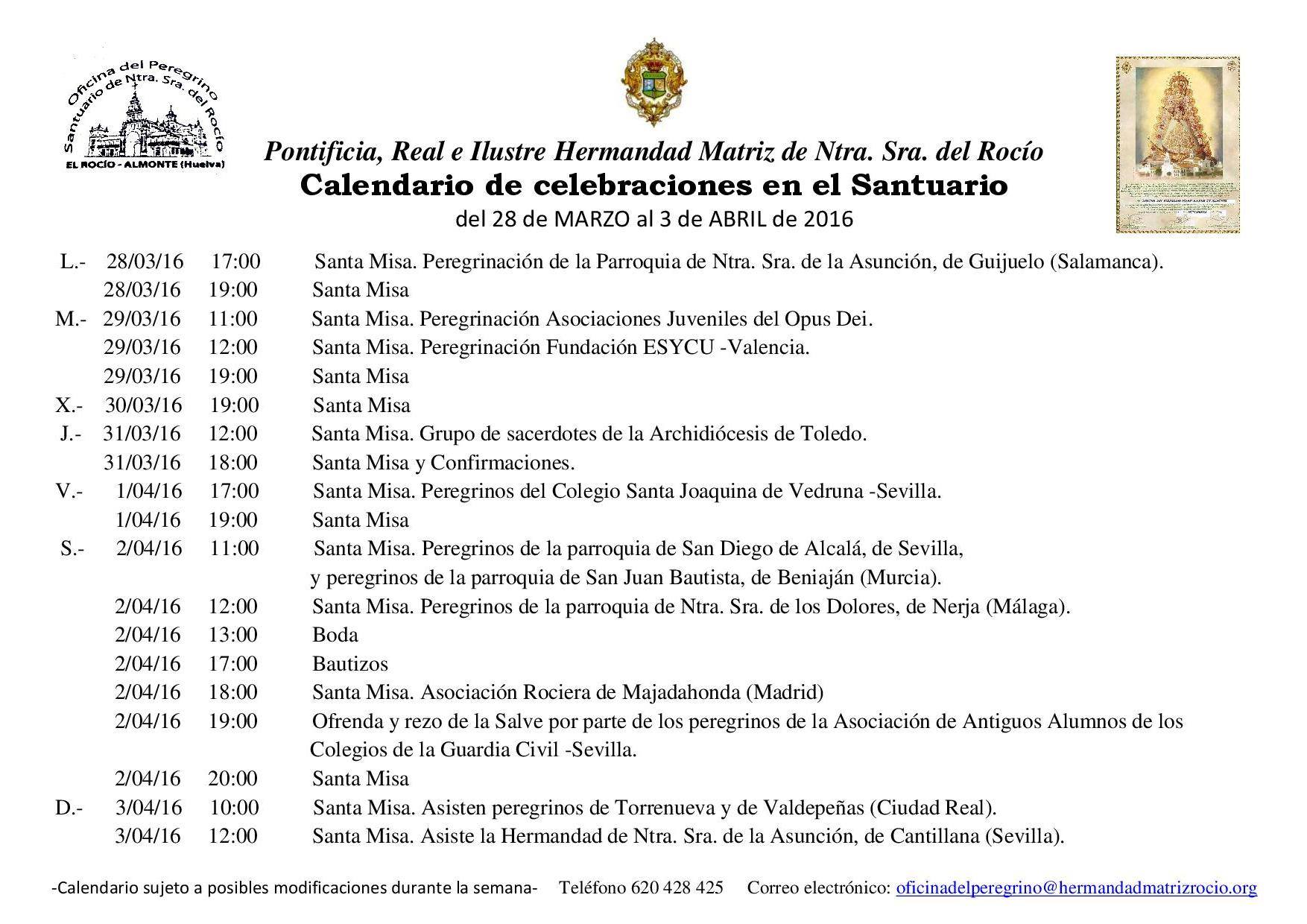 Calendario 28 de marzo al 3 de abril de 2016