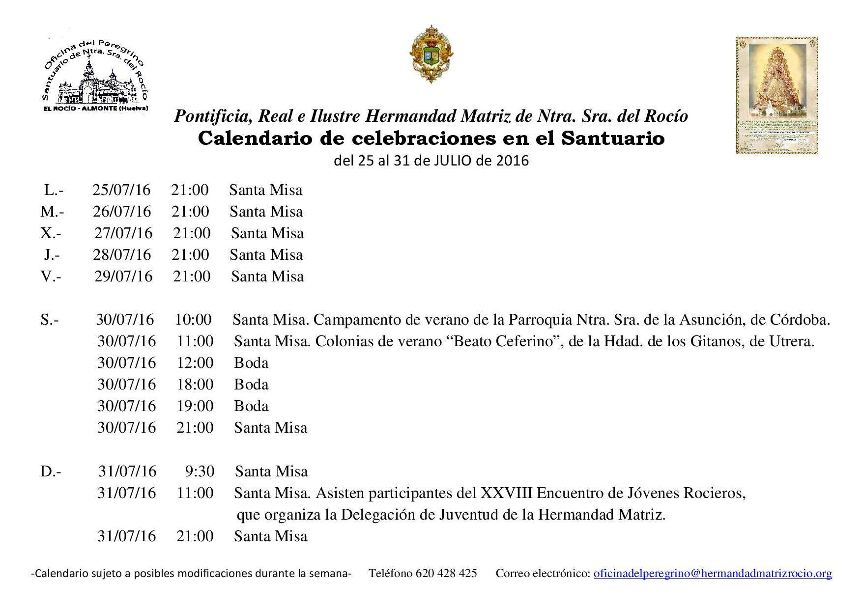 CAlendario del 25 al 31 de julio de 2016 rocio