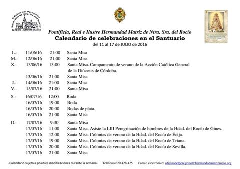 Calendario celebraciones en el santuario 11-17 julio