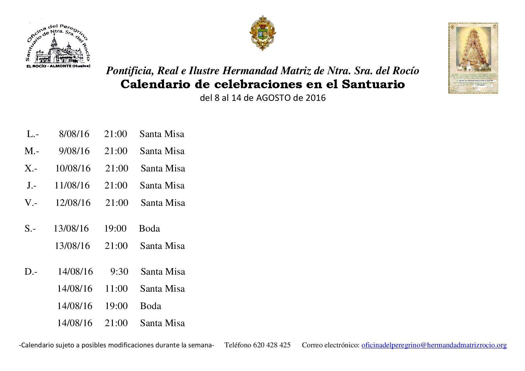 Calendario Santuario Rocio 8 al 14 de 8 de 2016