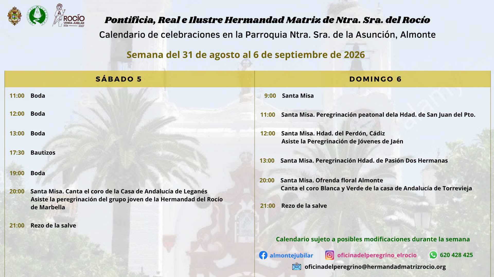 calendario de celebraciones de la semana del 31 de agosto al 6 de septiembre de 