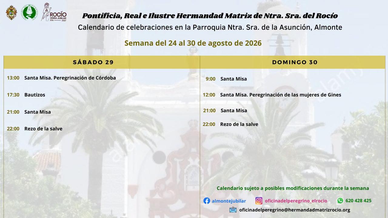 Calendario de Celebraciones en la Parroquia Ntra. Sra. de la Asunción, Almonte  (24-30 agosto 2026)