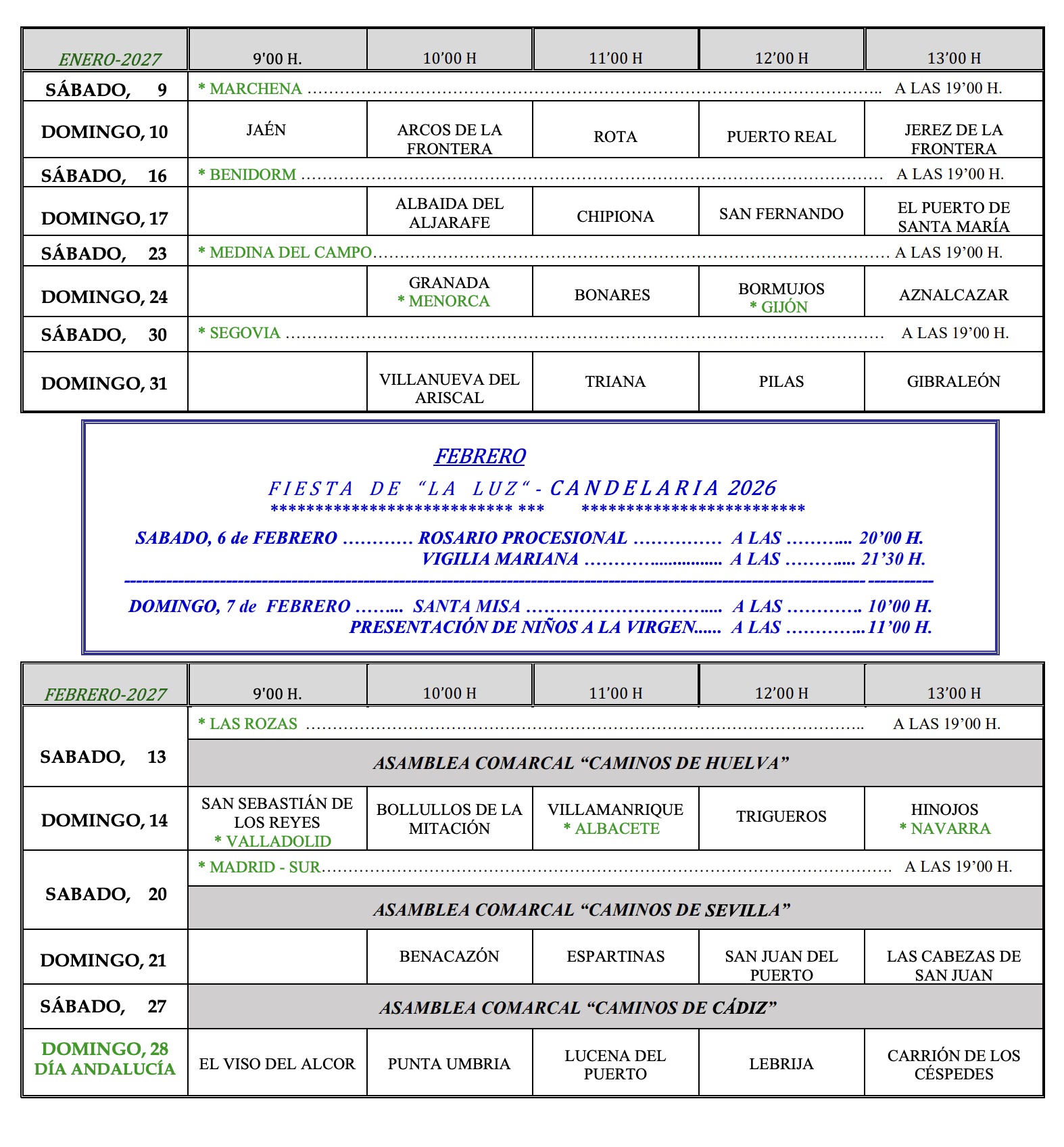 Calendario de peregrinaciones extraordinarias hermandades del Rocío (Enero Febrero 2027)